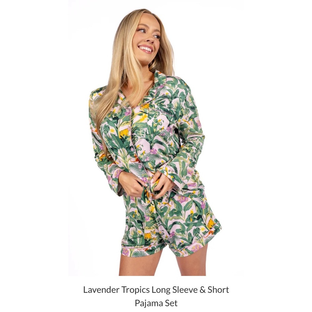 In My Sundays Tropical Jungle Tiger Pajama Set Pink Modal Long Sleeve Shorts S